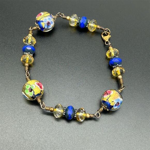 Glass of Venice Multicolor Glass Beaded Handcrafted Bracelet Vermeil 925 Clasp - Picture 1 of 12